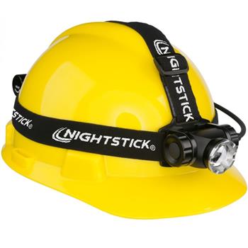 Nightstick 4708B USB Headlamp fits snuggly on a hard hat (Hard hat not included)