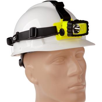 Nightstick 5458G Headlamp fits securely on a hardhat (Hardhat not included)