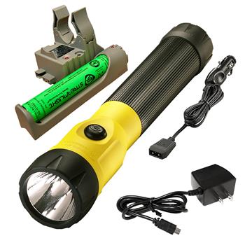 Yellow Streamlight PolyStinger LED Flashlight with AC/DC charge cords and PiggyBack base
